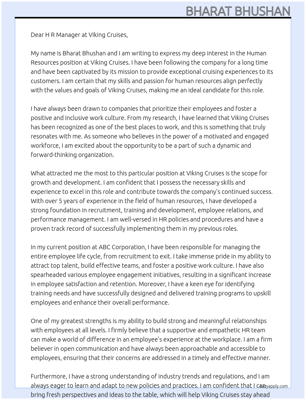 HUMAN RESOURCES At Viking cruises Cover Letter