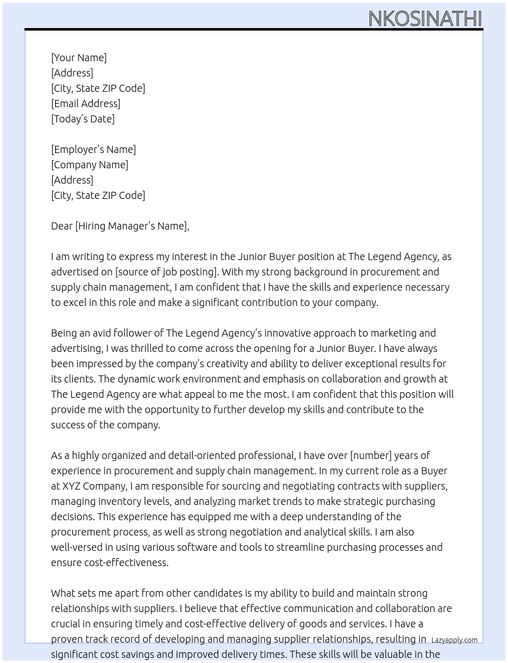 Cover letter for junior buyer - LazyApply