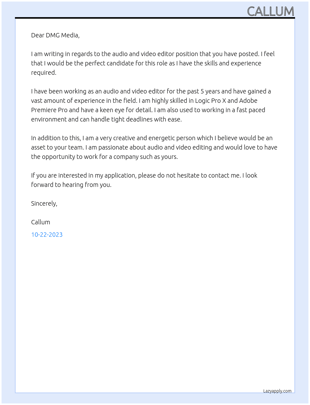 Audio and Video Editor At DMG Media Cover Letter