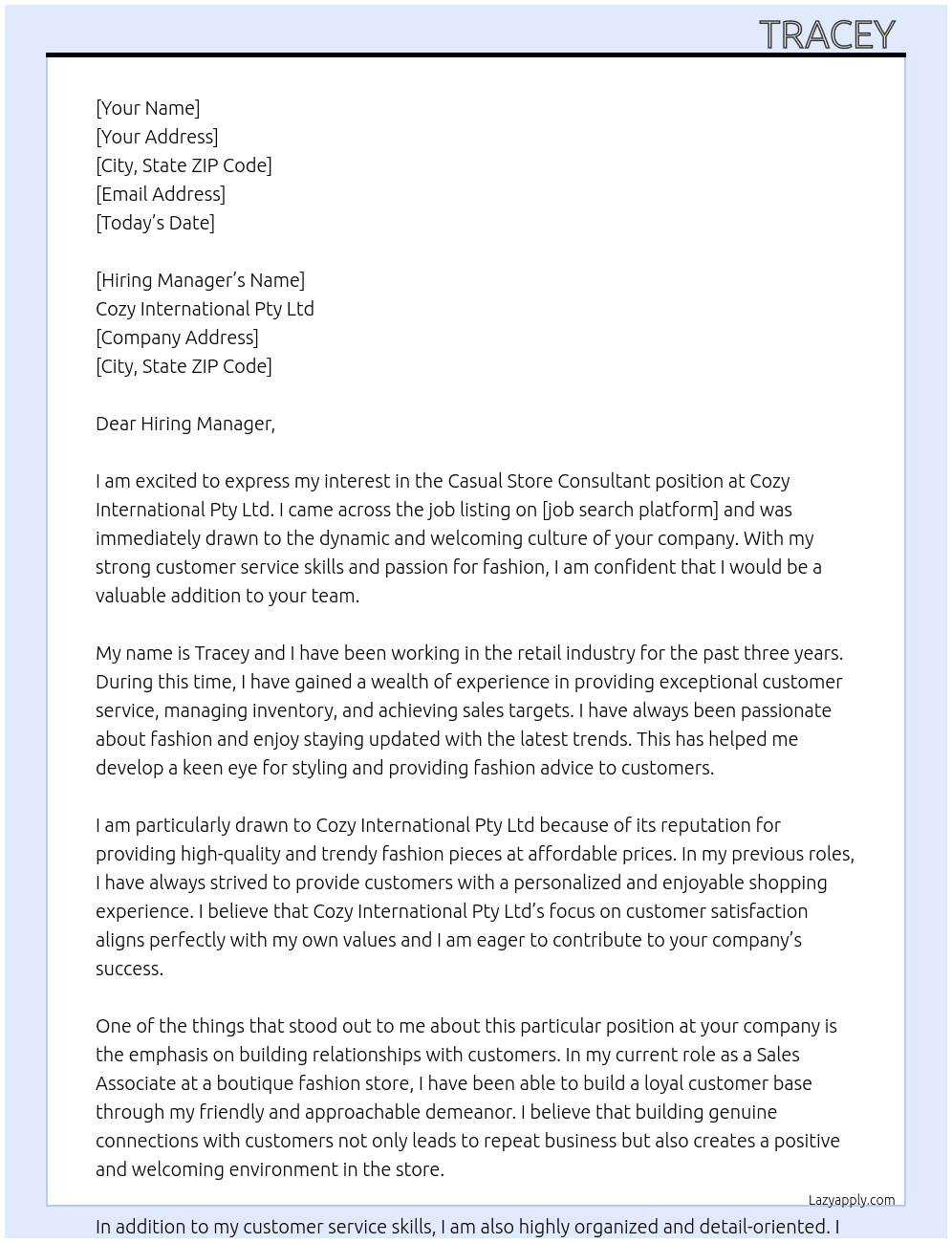Casual Store Consultant  At Cozy International Pty Ltd  Cover Letter