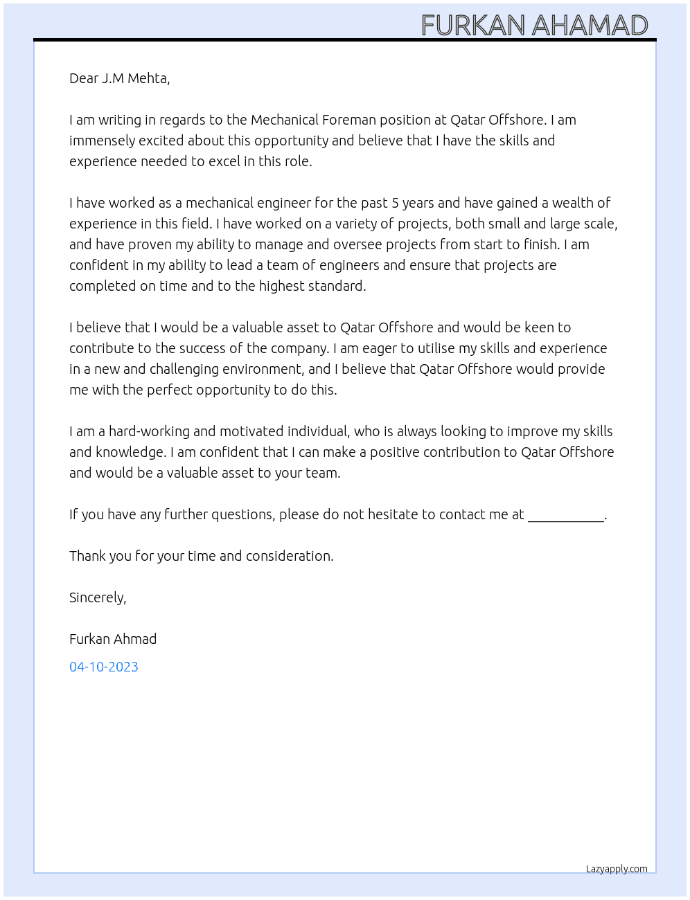 Mechanical foreman  At Qatar offshore  Cover Letter