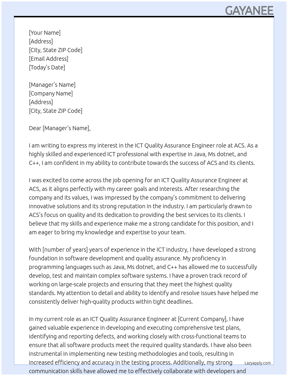 ICT Quality Assurance Engineer At ACS Cover Letter