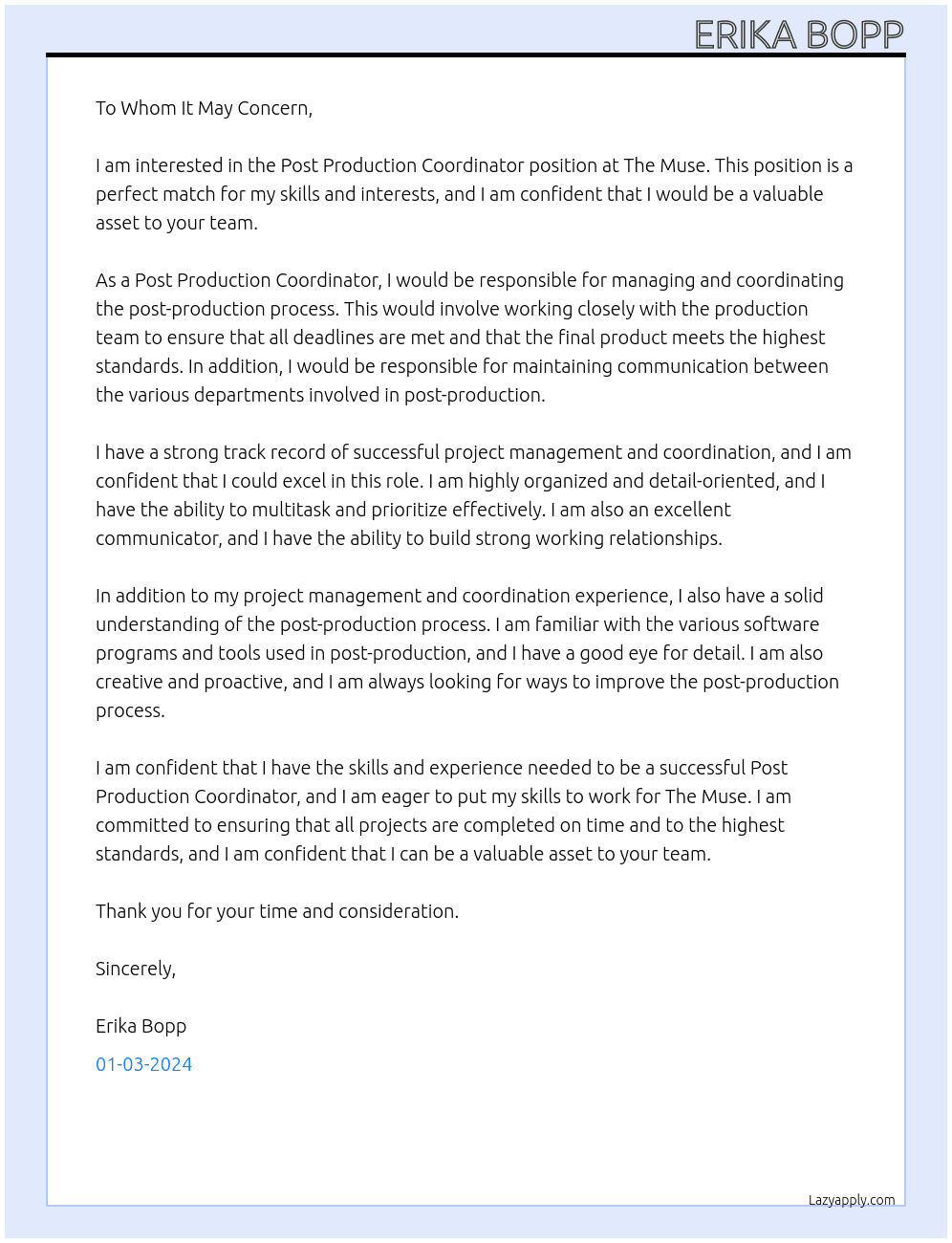 Post Production Coordinator At The Muse Cover Letter