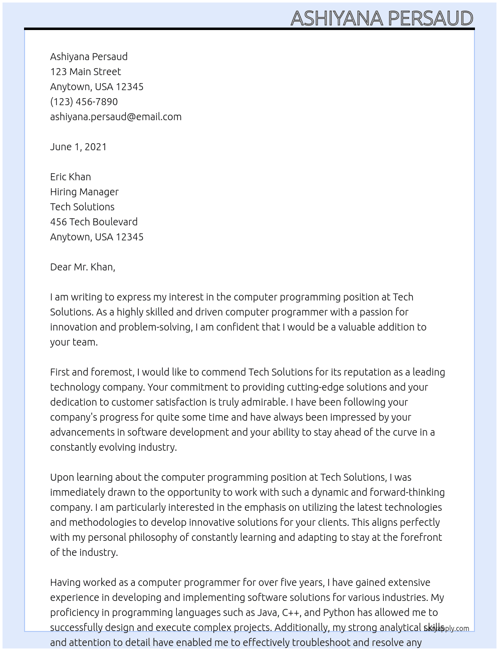 computer programming At Tech Solutions Cover Letter
