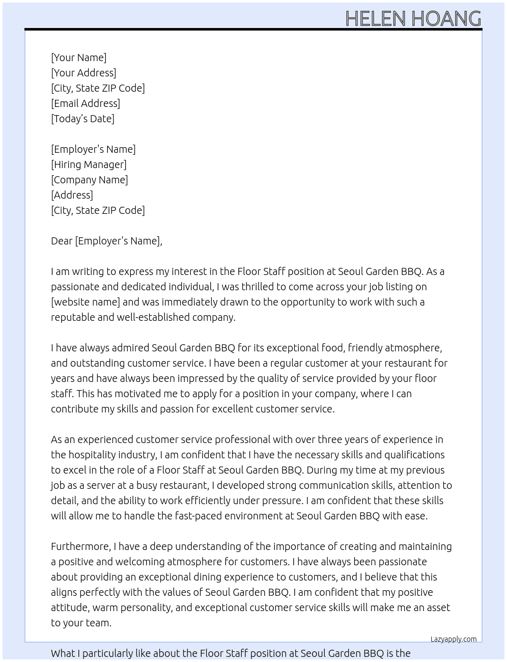 Floor staff At Seoul Garden BBQ Cover Letter