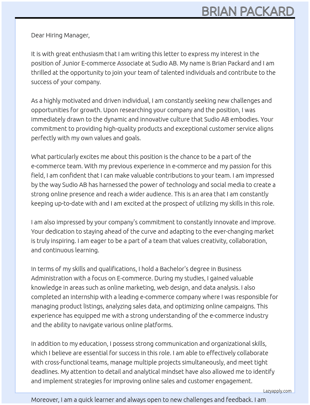 Junior E-commerce Associate - USA At Sudio AB Cover Letter