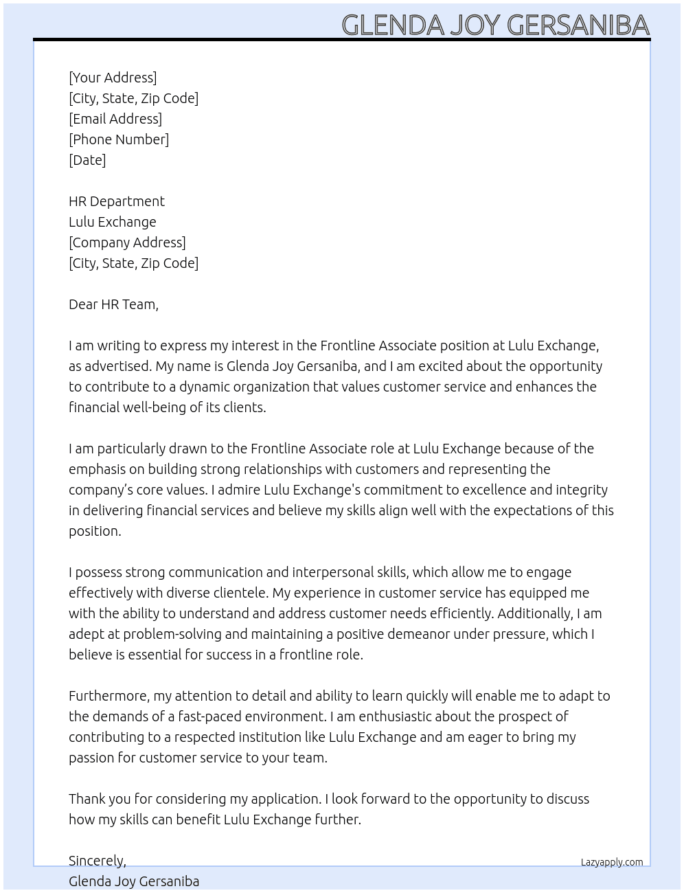 frontline associates At lulu exchange Cover Letter