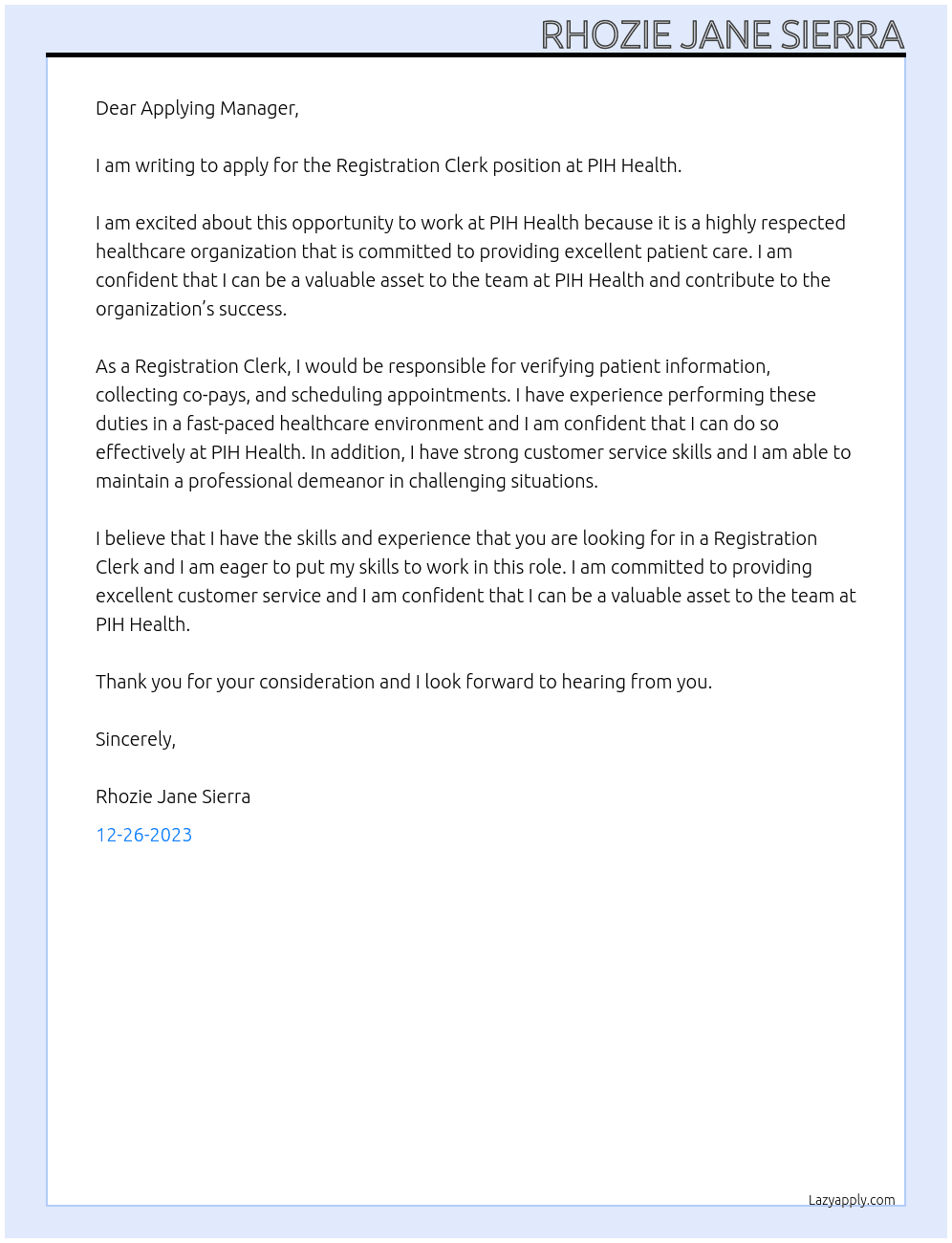 Registration Clerk At PIH Health Cover Letter