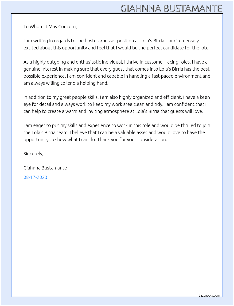 hostess/busser At Lola's Birria Cover Letter