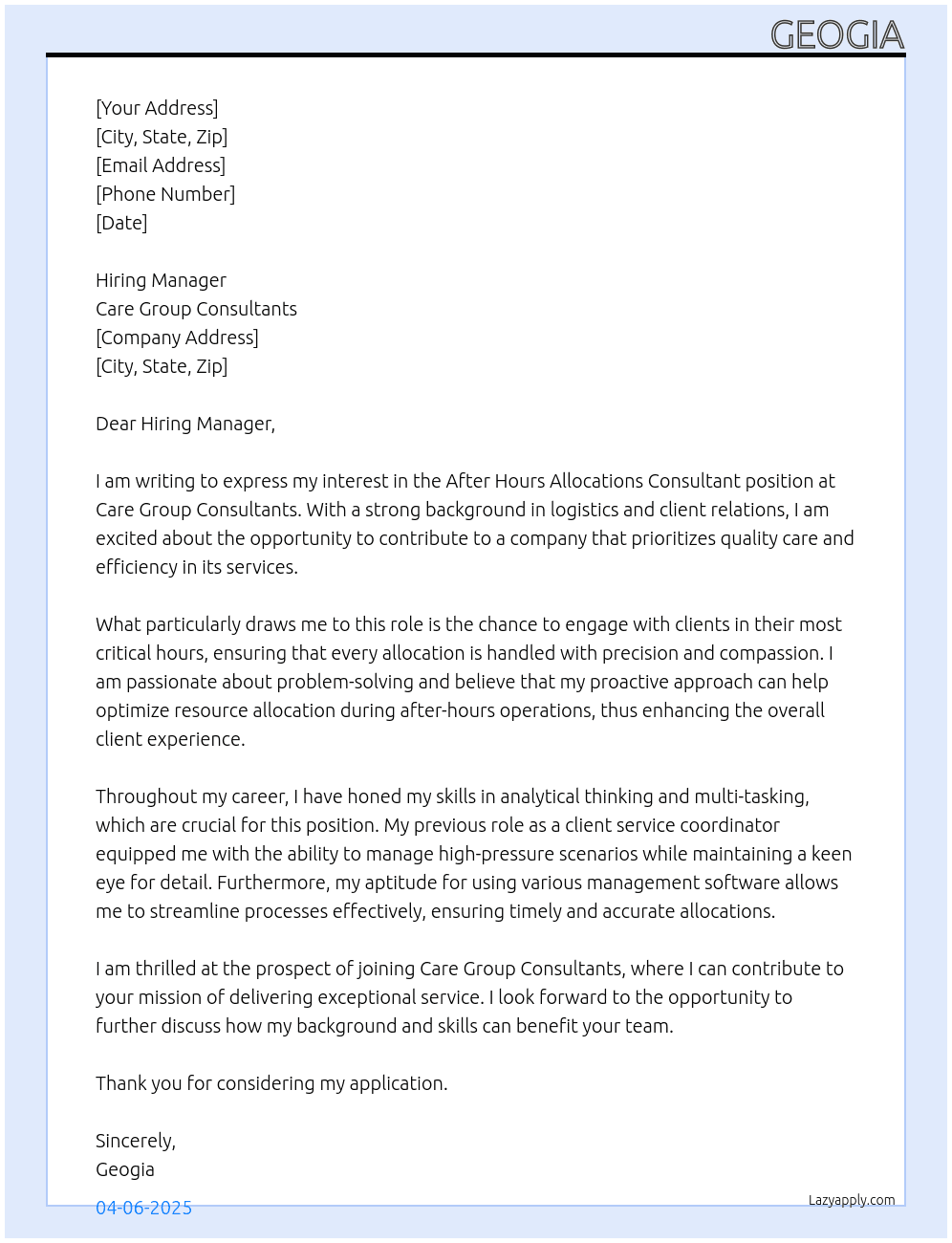 After Hours Allocations Consultant At Care Group Consultants  Cover Letter