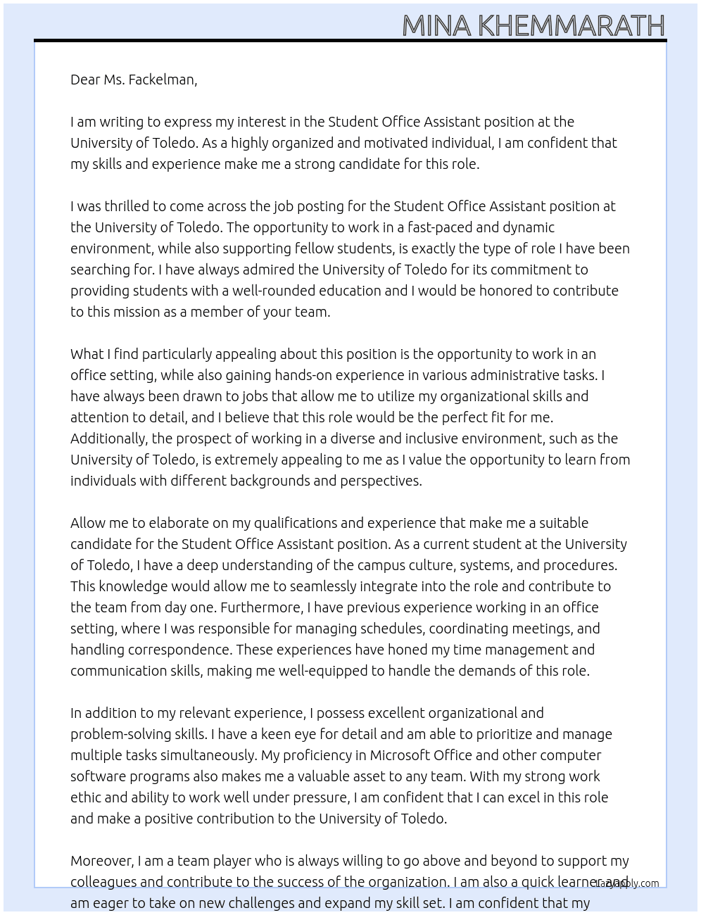 Student Office Assistant At University of Toledo Cover Letter