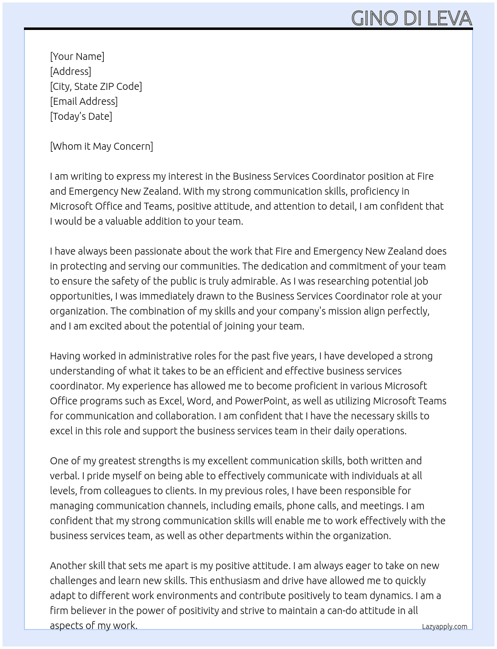 Business services coordinator At Fire and Emergency New Zealand  Cover Letter
