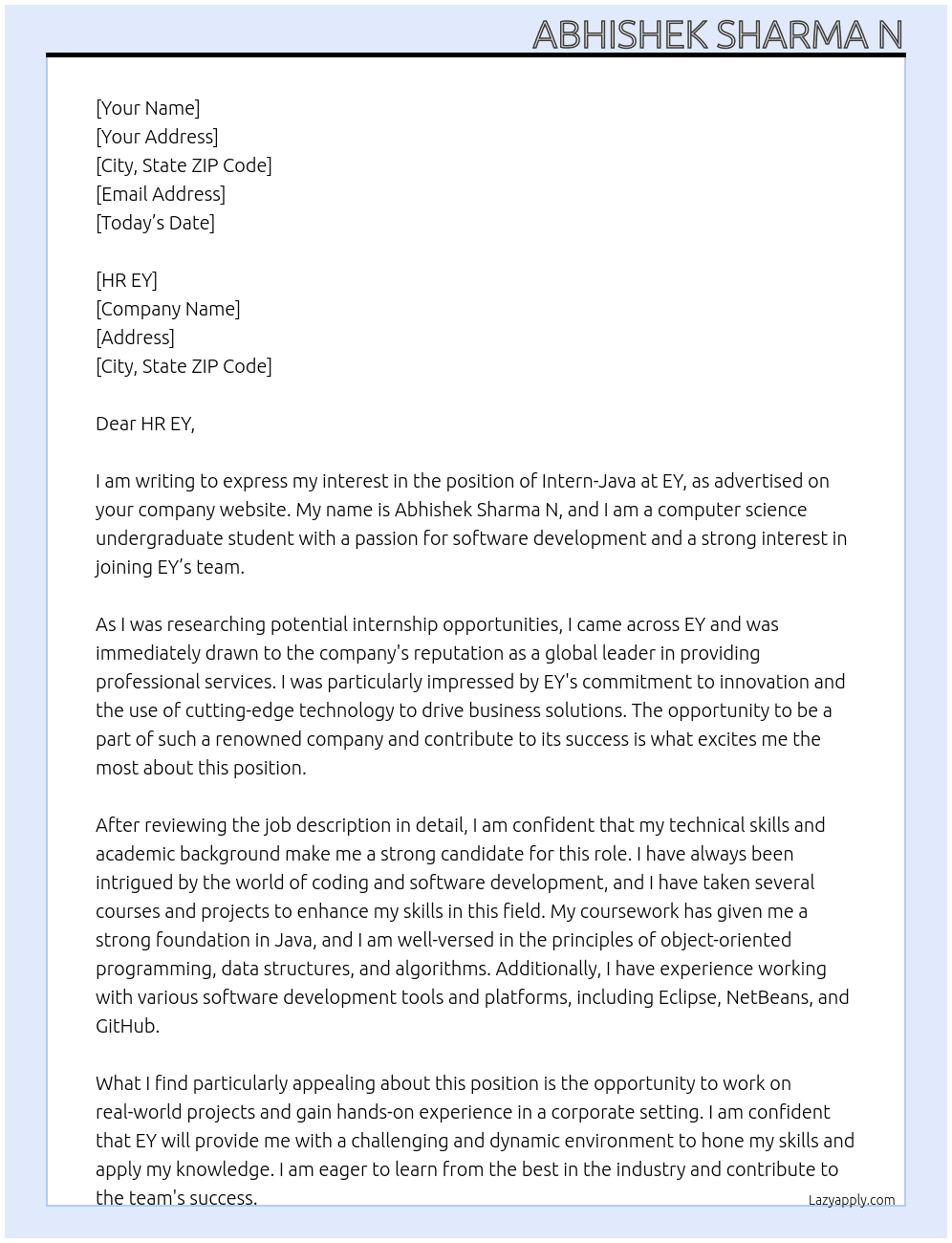Cover letter for intern-java - LazyApply