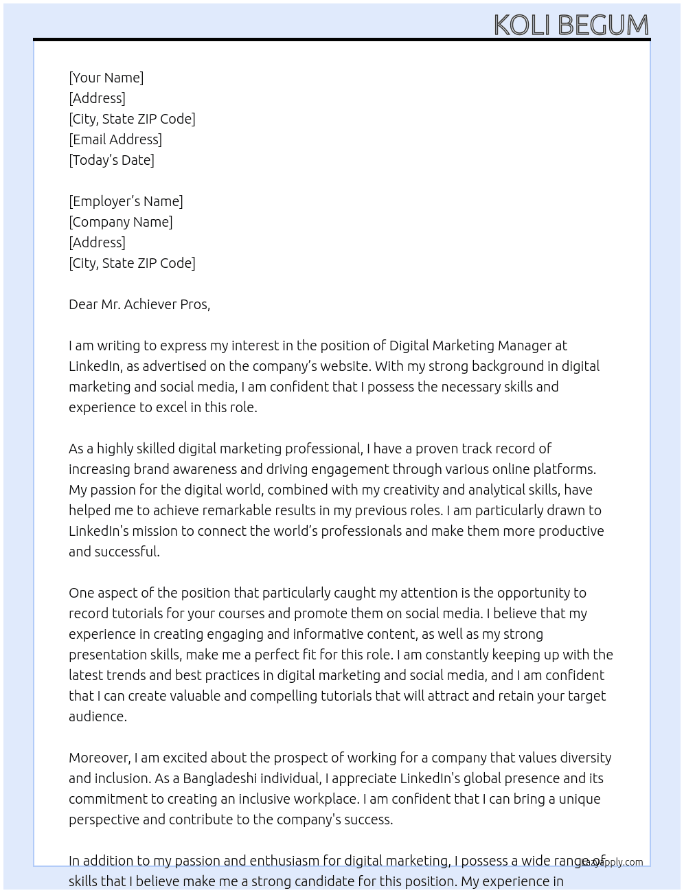Digital Marketing Manager At linkedin Cover Letter
