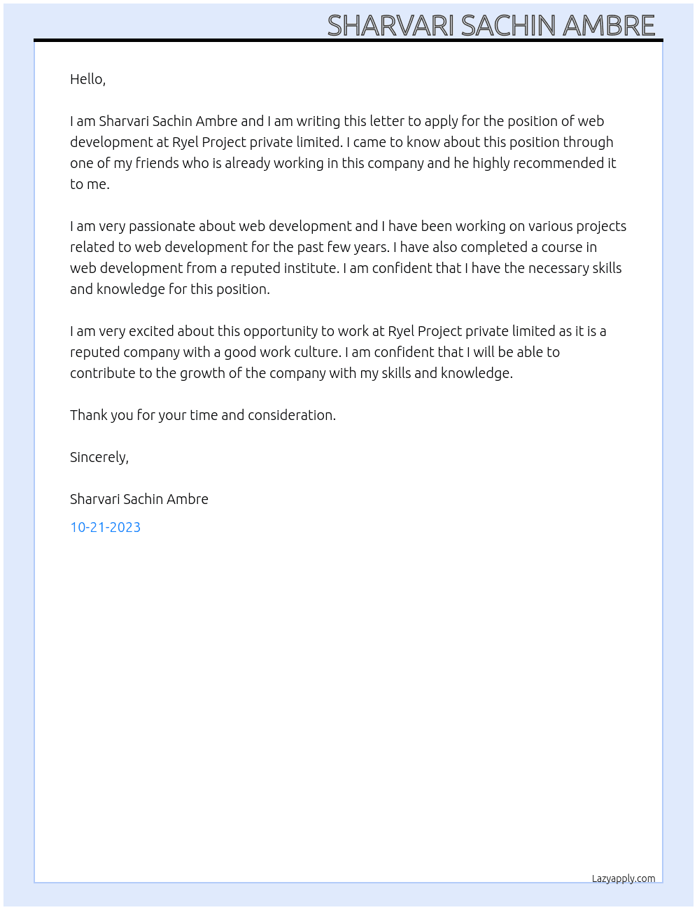 web development At Ryel Project  Cover Letter