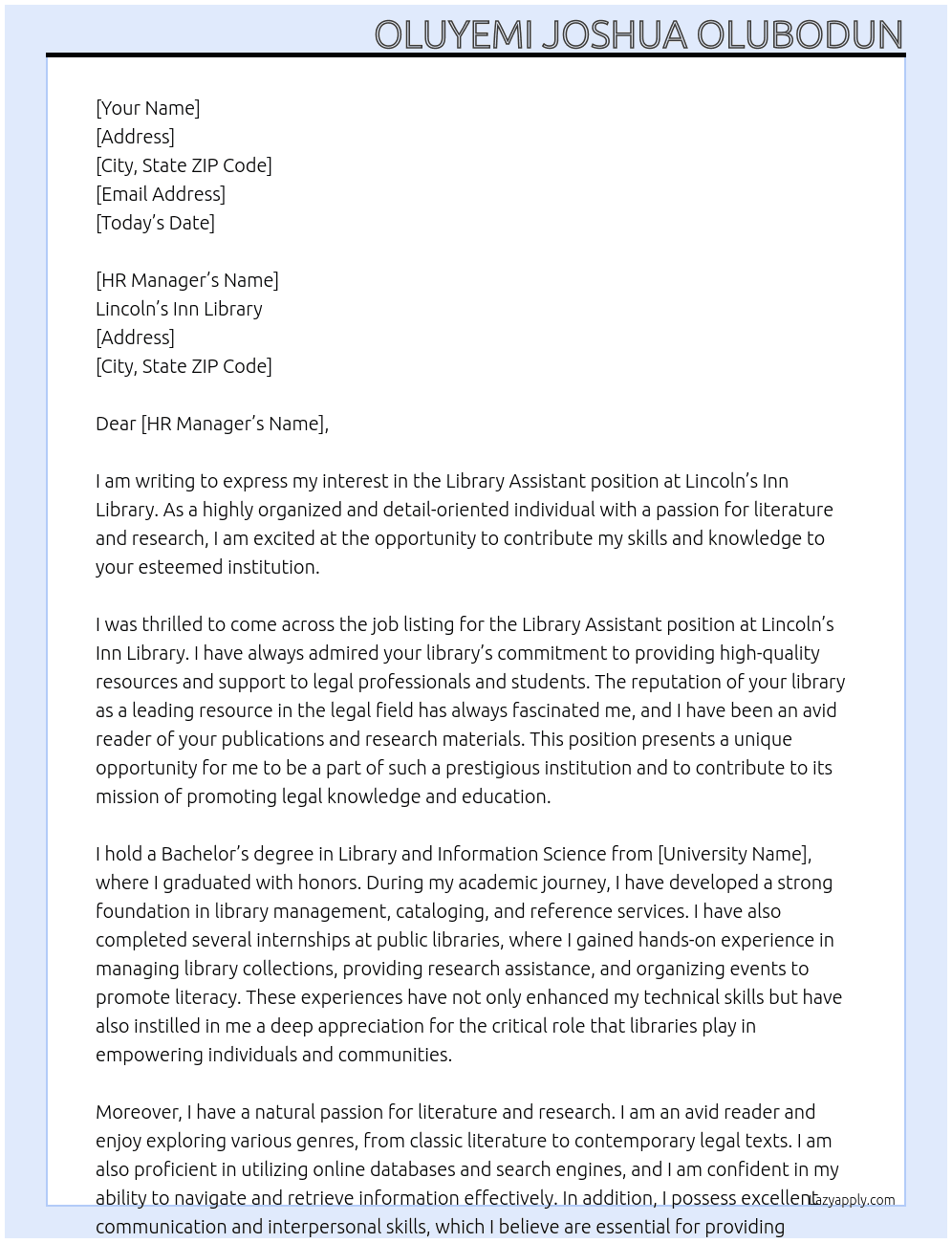 Library Assistant At Lincoln's Inn Library Cover Letter