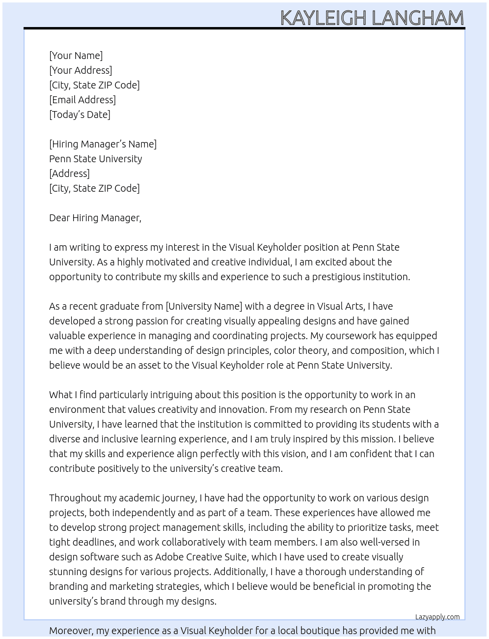 Visual Keyholder At Penn State University Cover Letter