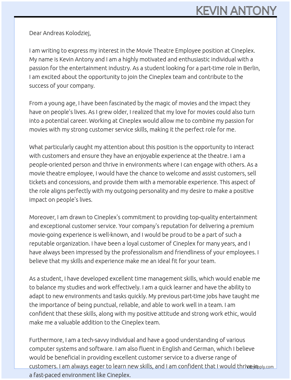 Movie theatre employee At Cineplex Cover Letter