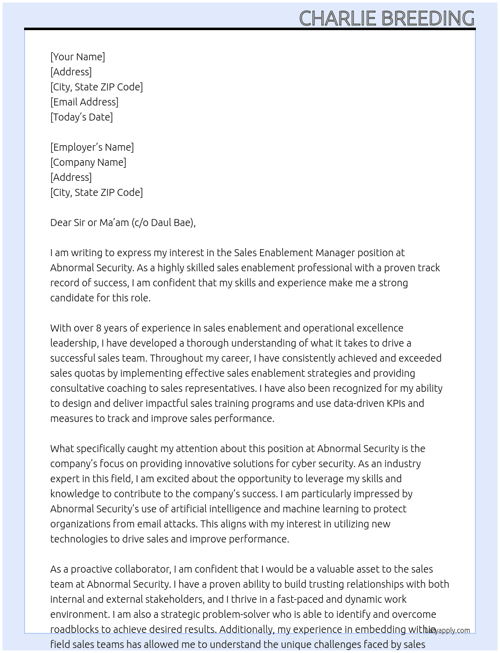 Sales Enablement Mgr. At Abnormal Security Cover Letter
