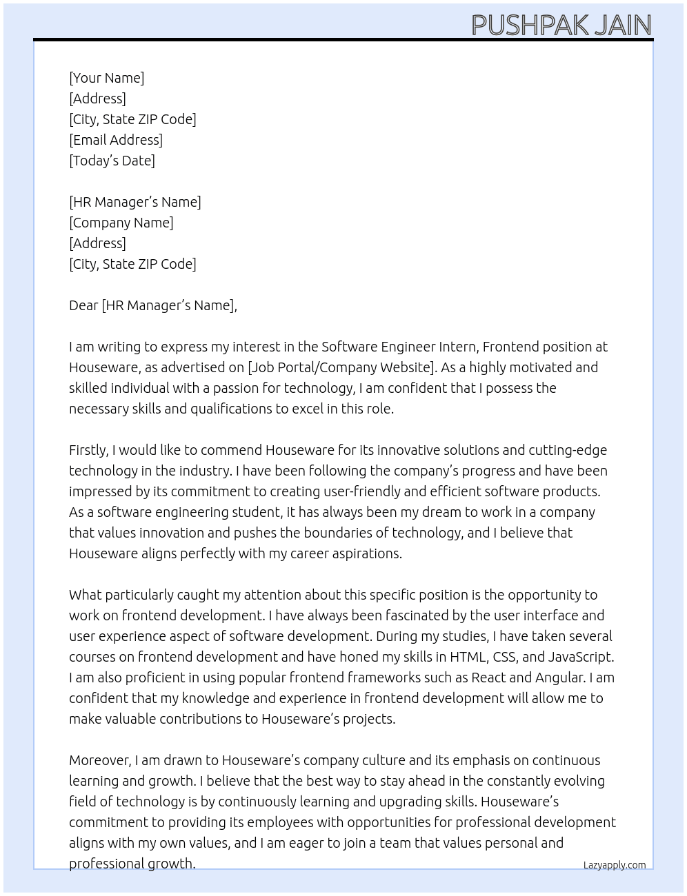 Software Engineer Intern, Frontend at Houseware At Houseware Cover Letter