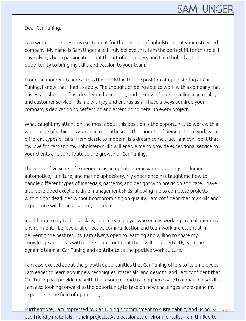 upholstering  At car tuning  Cover Letter