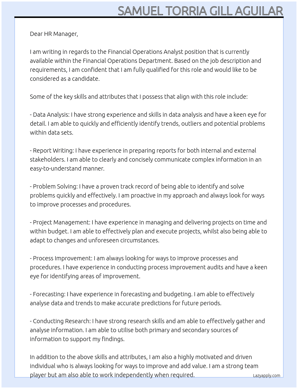Financial Operations Analyst At Financial Operations Department Cover Letter