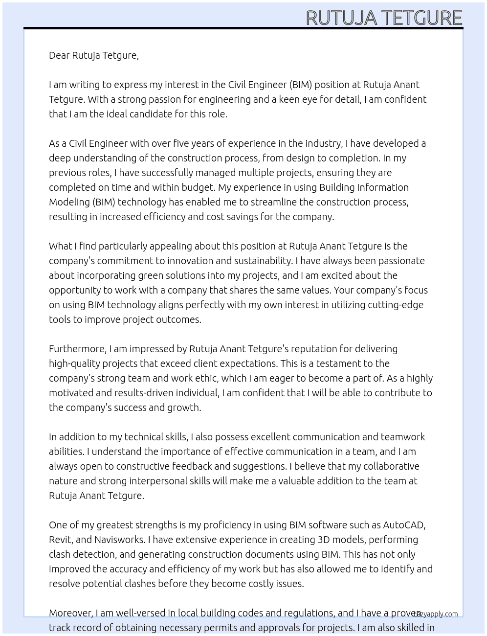 Civil  Engineer (BIM) At rutuja anant tetgure Cover Letter