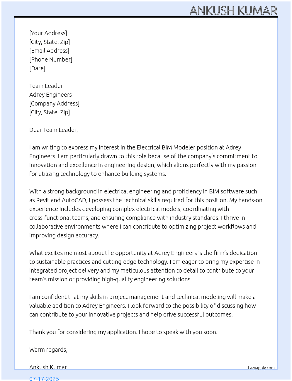 electrical bim modeler At adrey engineers Cover Letter