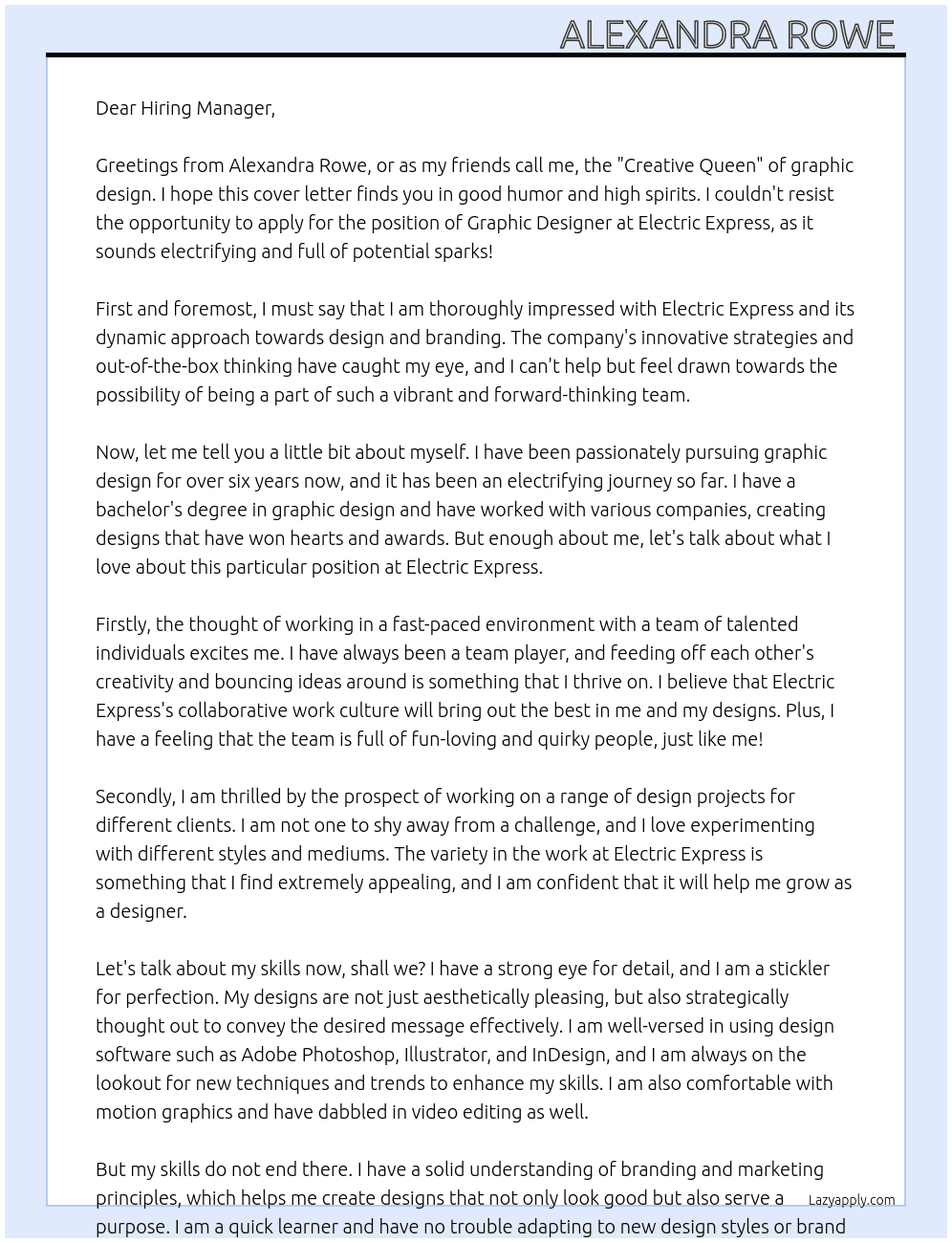 Graphic Designer At Electric Express  Cover Letter