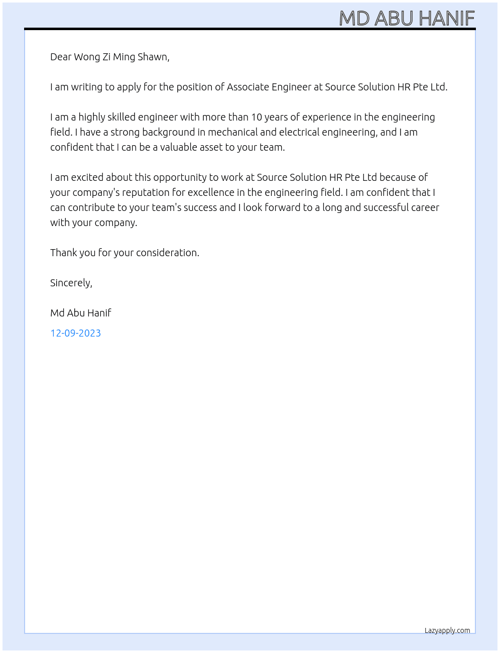 Associate Engineer At Source Solution HR Pte Ltd Cover Letter