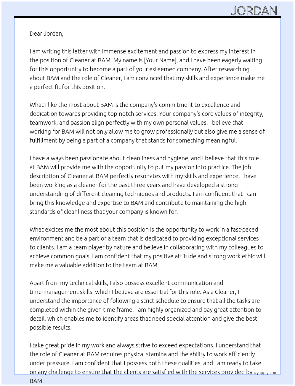 Cleaner  At BAM Cover Letter