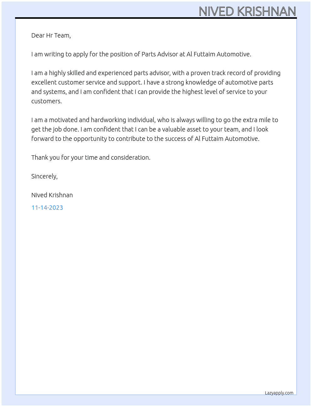 Parts Advisor At Al Futtaim Atomotive Cover Letter