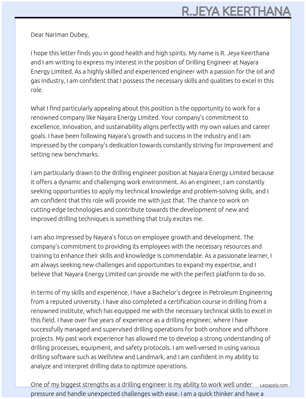 drilling engineer At Nayara Energy Limited Cover Letter