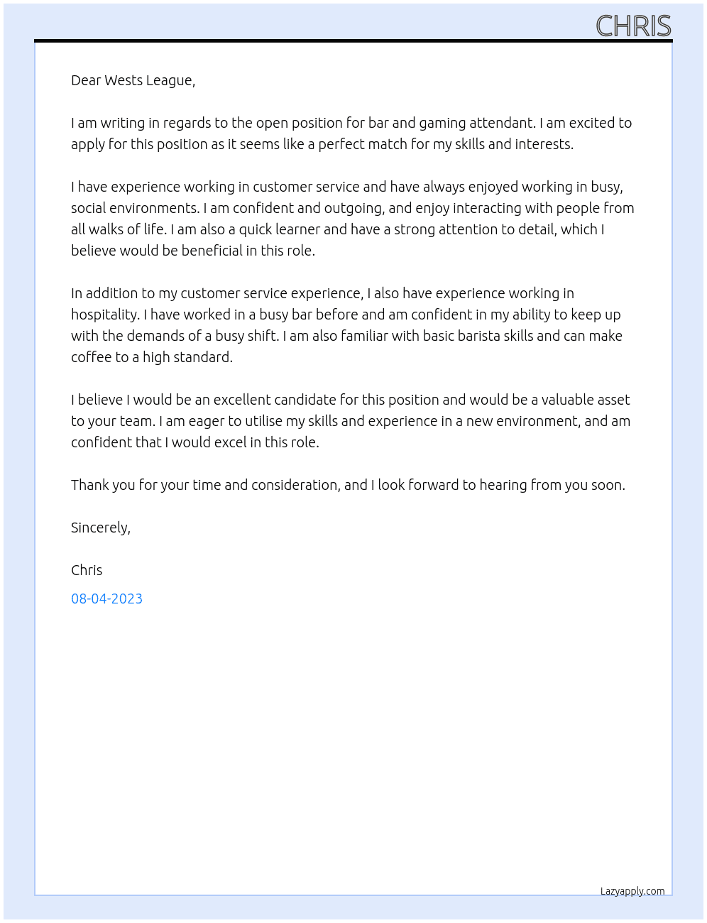 Bar and gaming attendant At Wests League Cover Letter