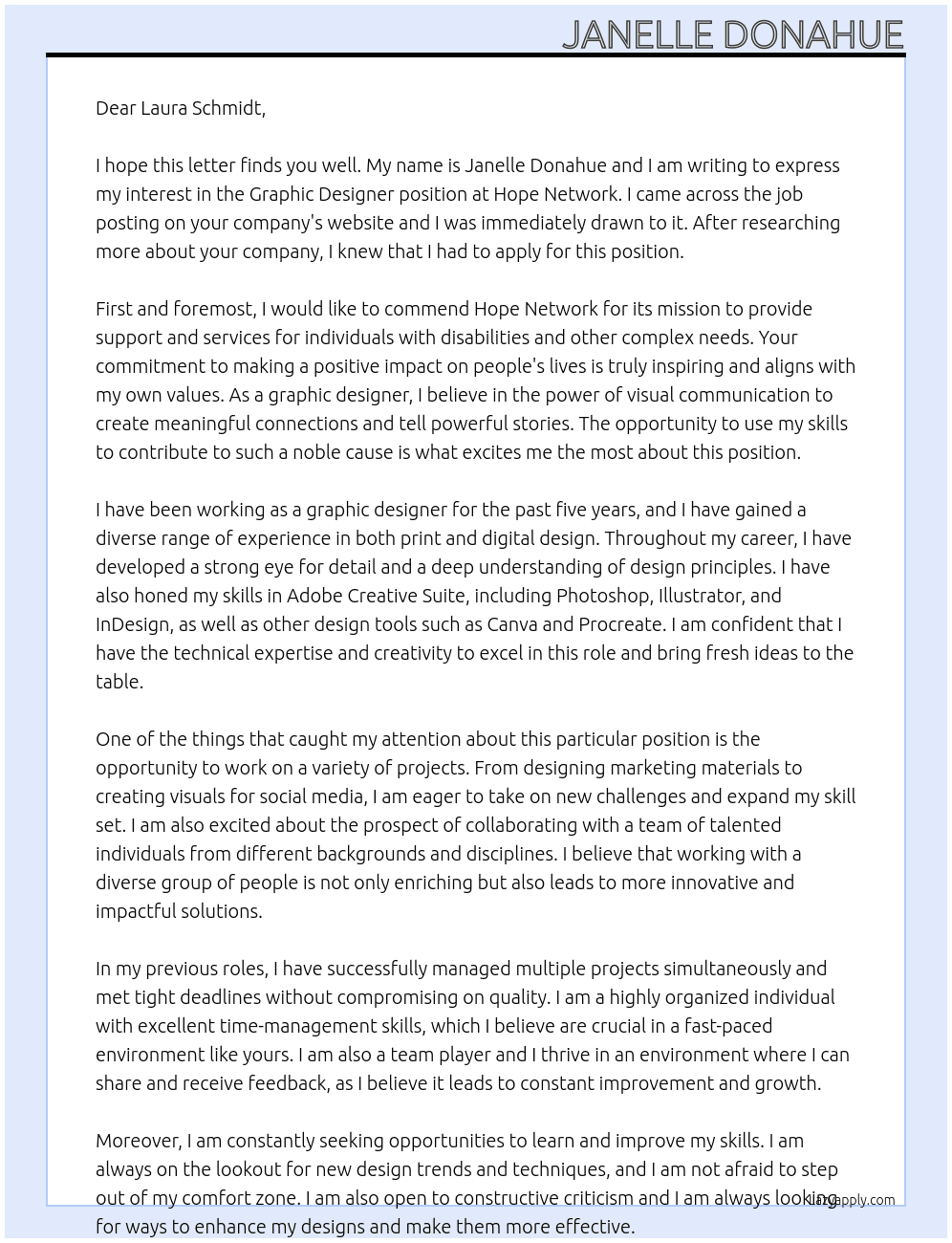 Graphic Designer At Hope Network Cover Letter