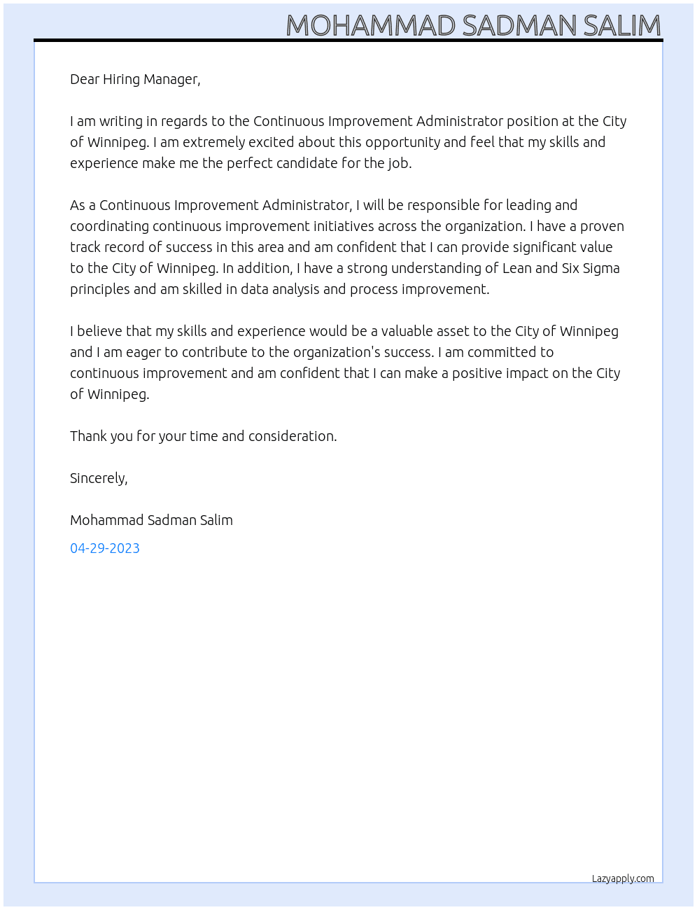 Continuous Improvement Administrator At City of Winnipeg Cover Letter