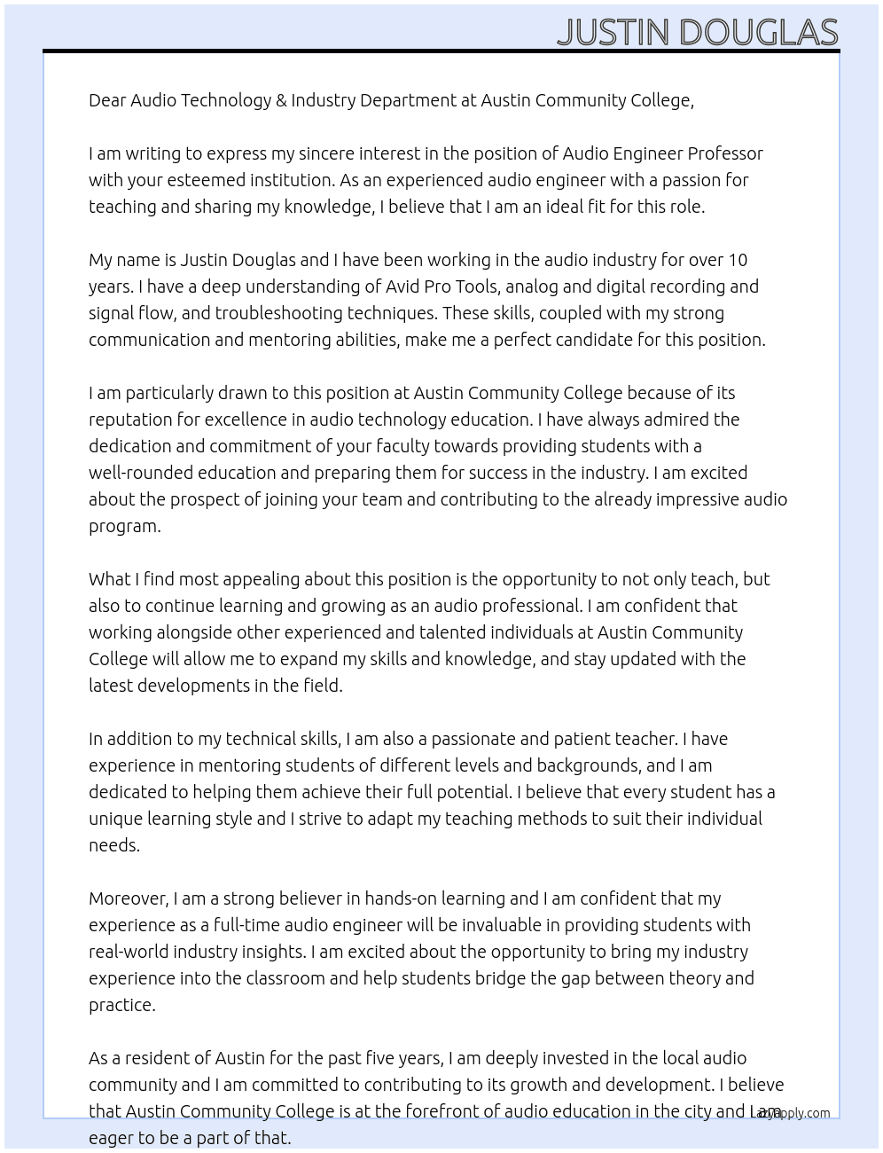 Audio Engineer Professor At Austin Community College Cover Letter