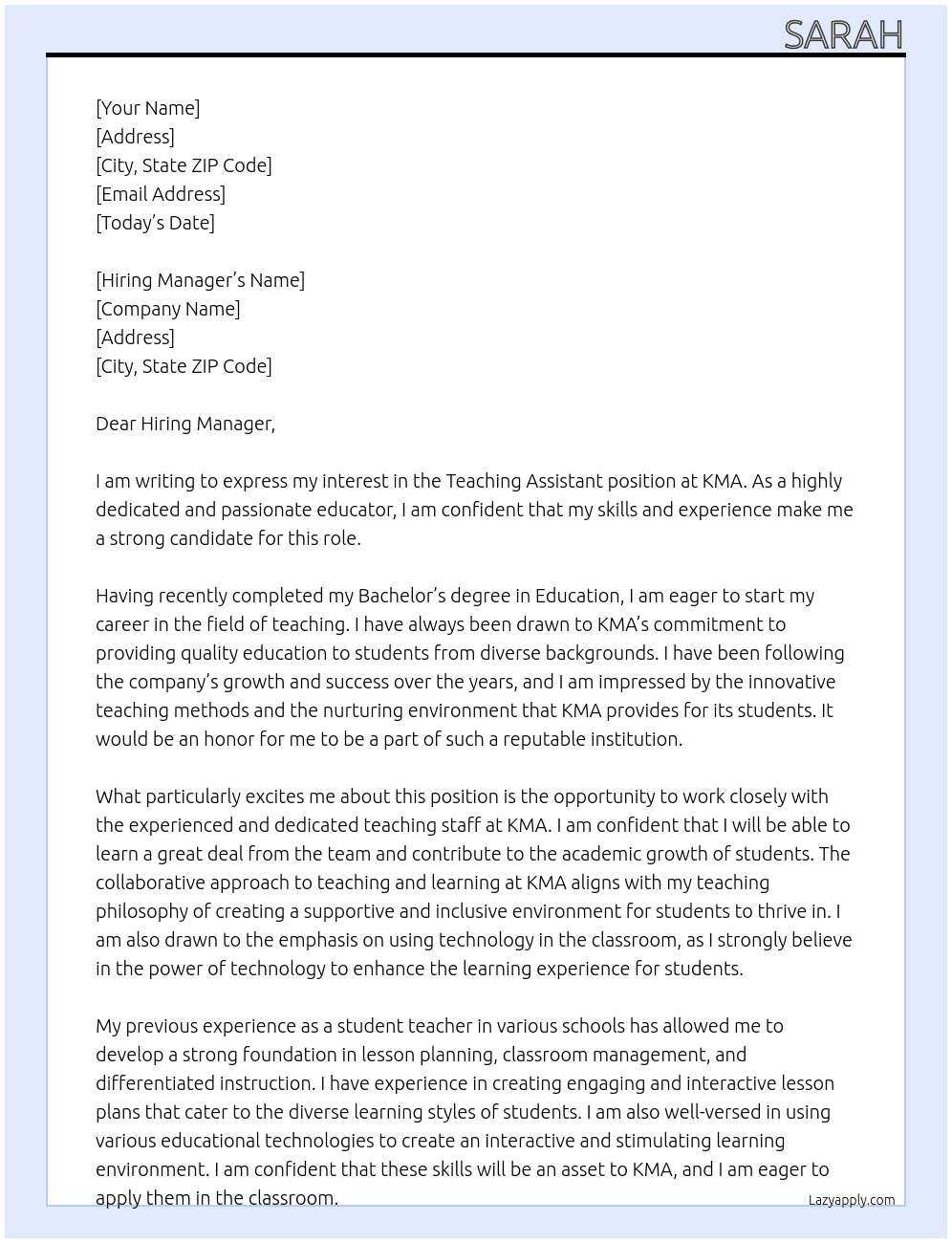 Teaching assistant At KMA Cover Letter