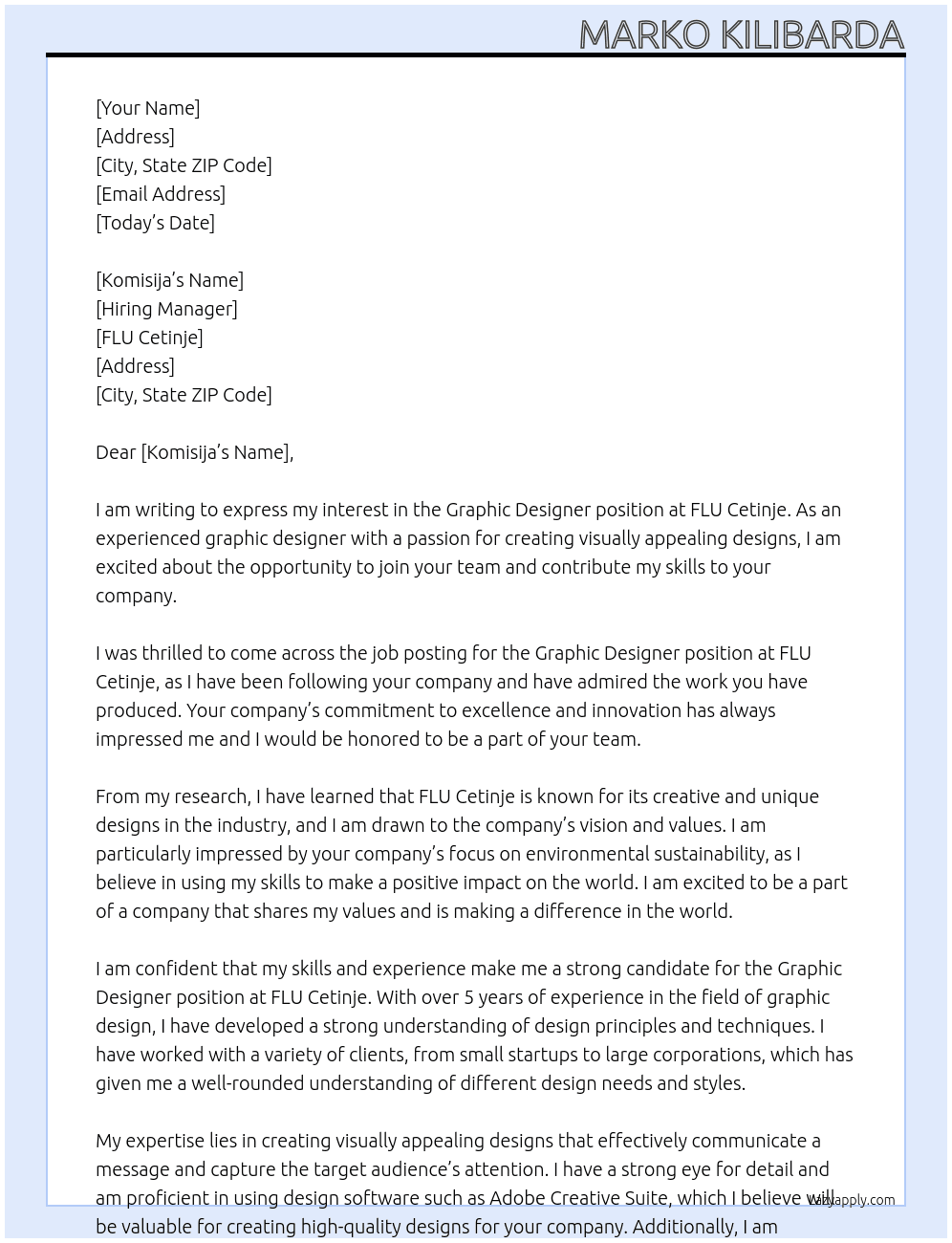 Grapic designier At FLU Cetinje Cover Letter