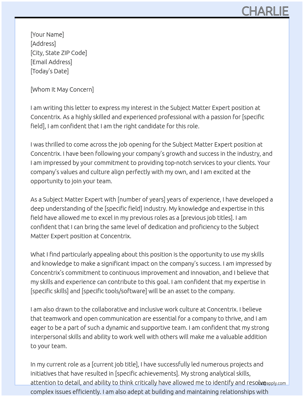Subject Matter Expert At Concentrix Cover Letter