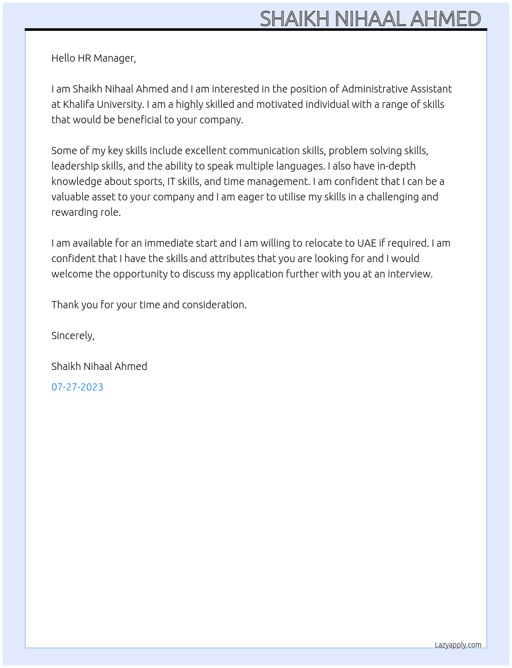 Administrative assistant  At Khalifa University  Cover Letter
