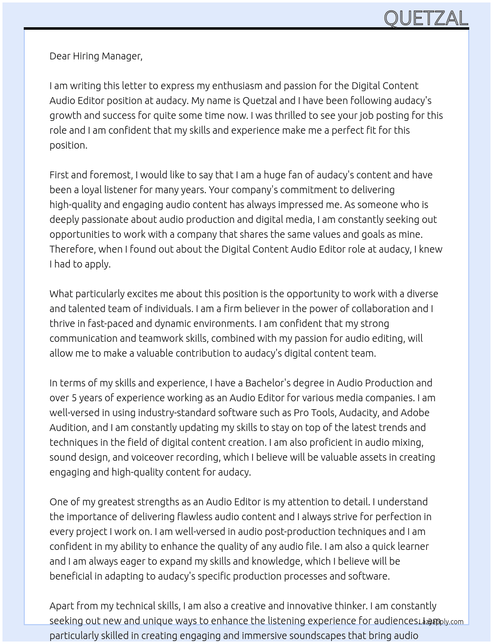 Digital Content Audio Editor At audacy Cover Letter