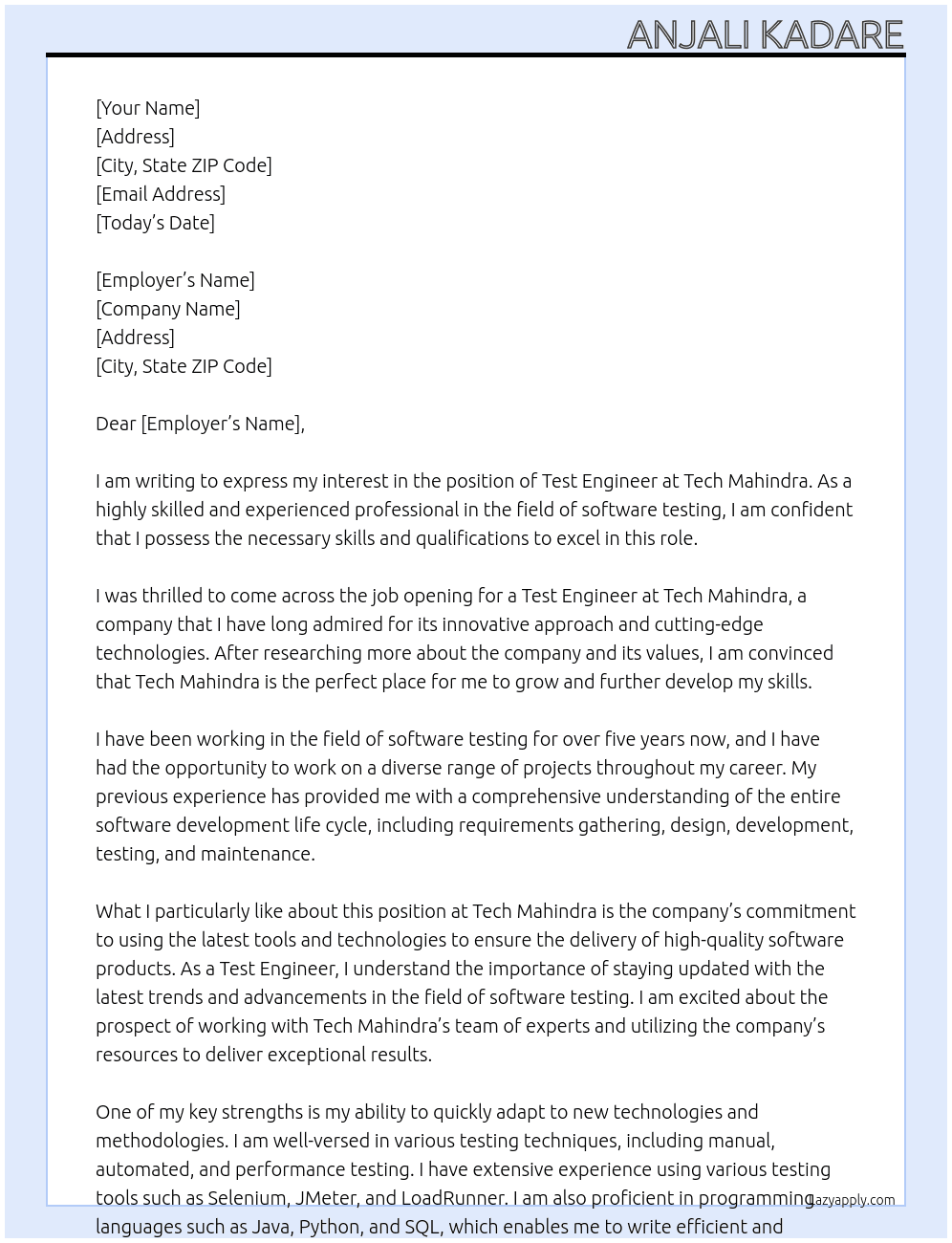 Test engineer At Tech Mahindra Cover Letter