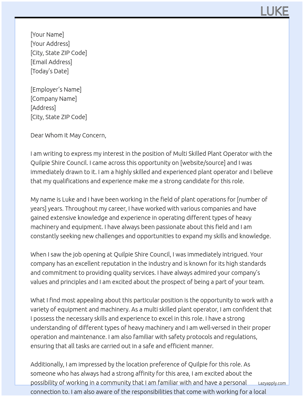 Multi skilled plant operator At Quilpie shire council Cover Letter