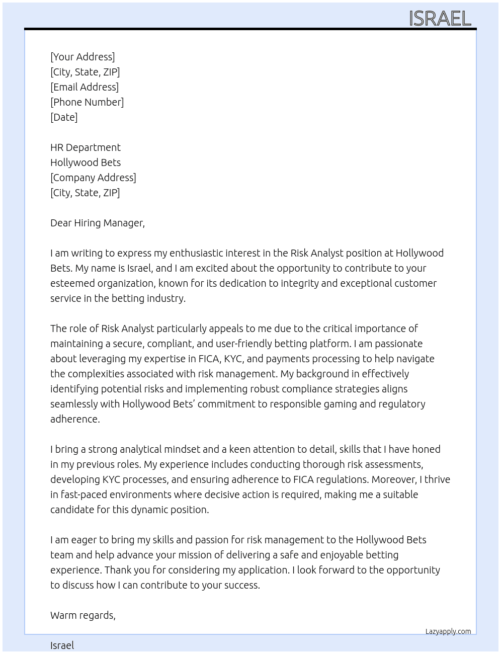 Risk analyst  At Hollywood bets Cover Letter
