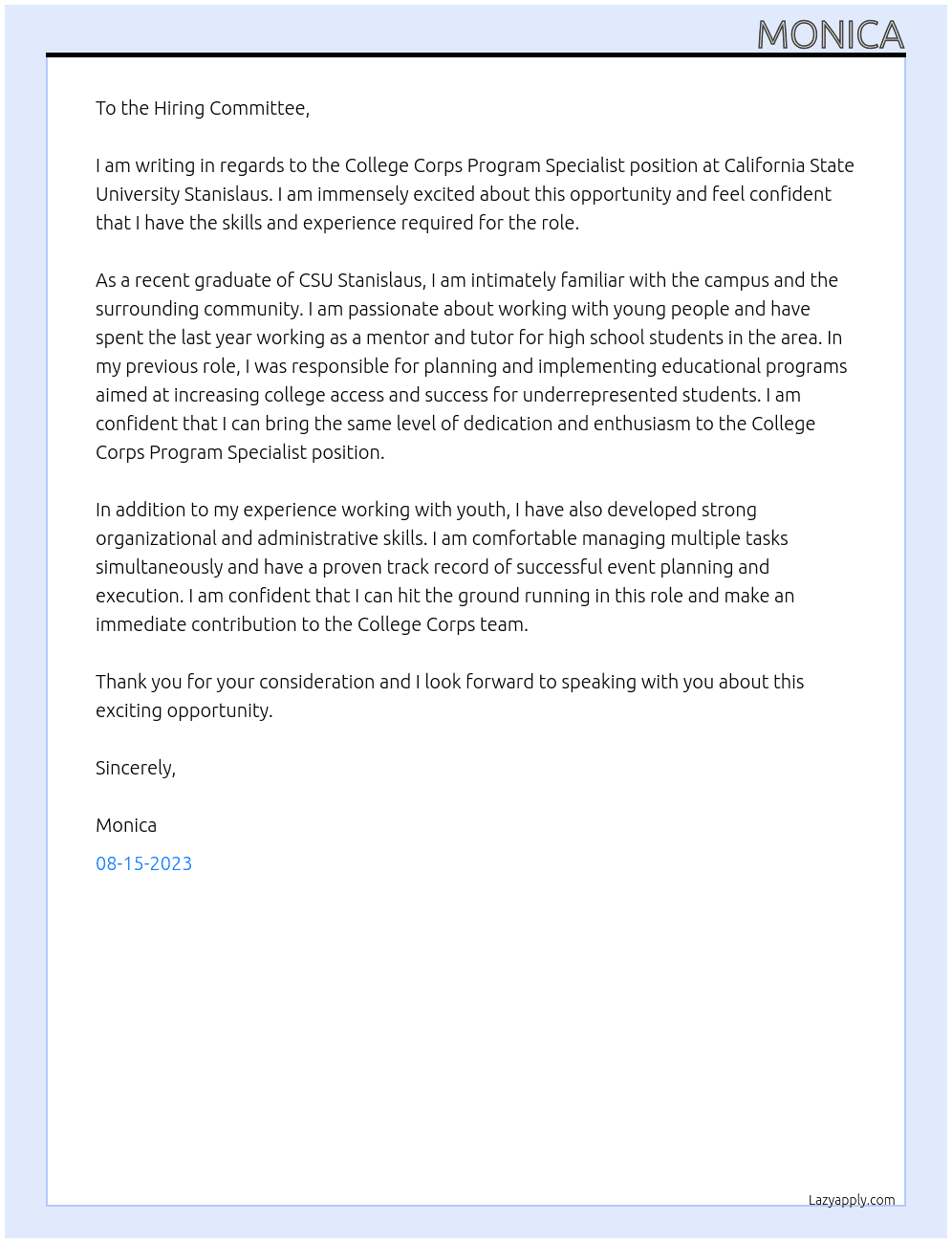 College Corps Program Specialist At California State University Stanislaus Cover Letter