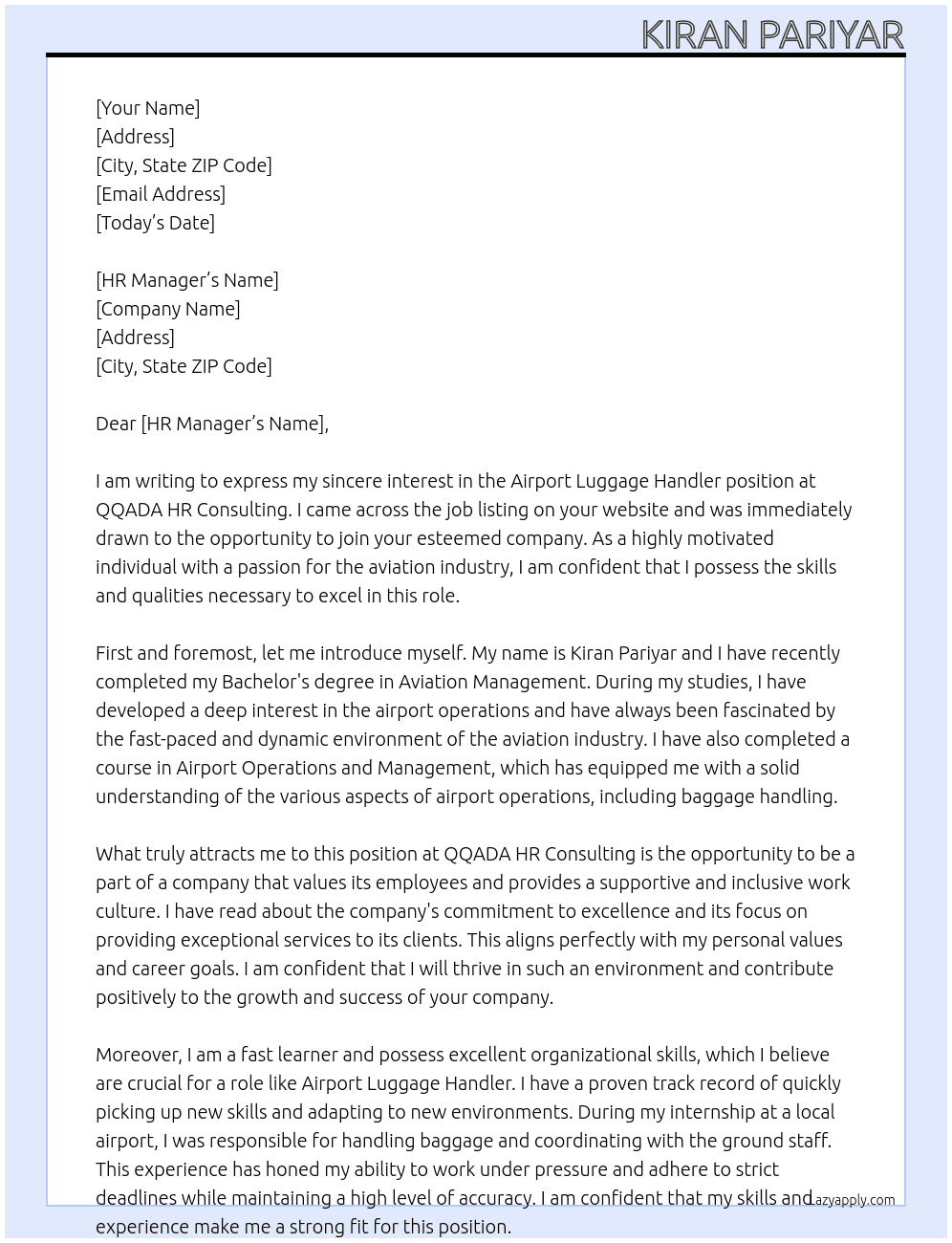 Airport luggage handler At QQADA HR consulting  Cover Letter
