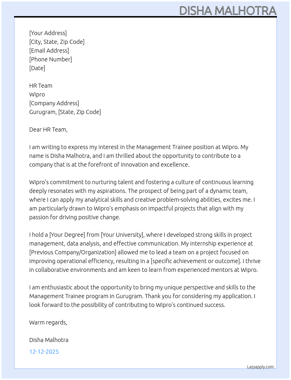 Management trainee At Wipro Cover Letter