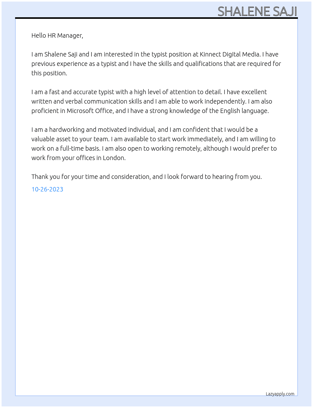 Typist At Kinnect Digital Media Cover Letter