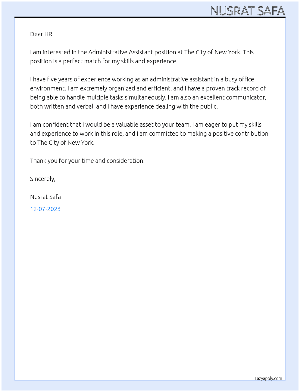 Administrative Assistant At The City of New York Cover Letter
